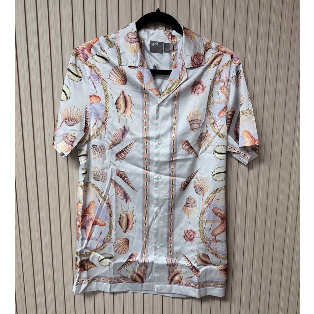 ASOS Seashell Print Button Down Shirt Light Blue Size S